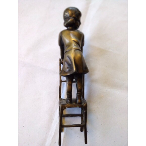 Set of Two (2) Doorstops 11" Girls Standing On Chair Bronze Statues - Picture 14 of 16
